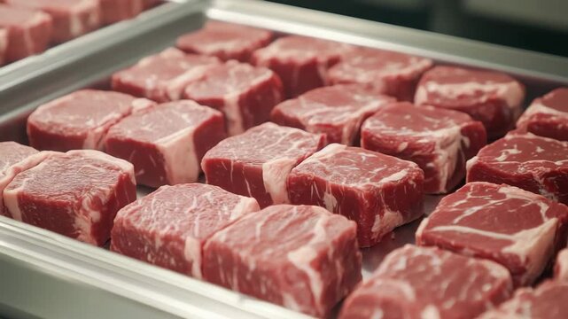 Fresh, vibrant red meat cubes prepared for cooking in restaurant kitchen