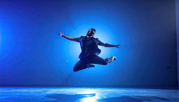 Energetic Male Dancer Mid Leap Illuminated by Blue Stage Lighting with Glittering Sequins and Dramatic Silhouette on Dark Stage - Powered by Adobe