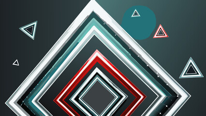 Abstract geometric composition featuring concentric squares and floating triangles on dark background
