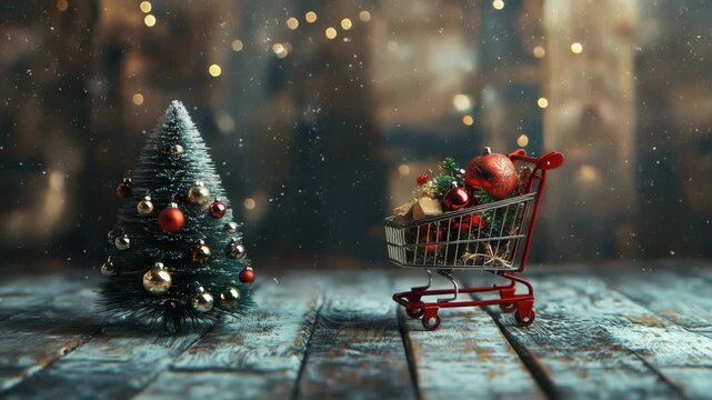 Christmas shopping cart full of ornaments and gifts next to christmas tree