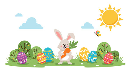 A cheerful Easter bunny holding a carrot is surrounded by brightly decorated eggs in a vibrant spring landscape with trees and a sunny sky.