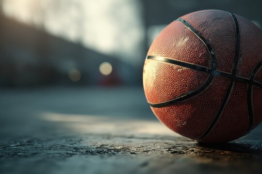 Closeup view of a basketball resting on the court during an intense game, highlighting the textured surface and dramatic lighting with blurred background - Powered by Adobe