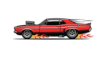 Red classic american muscle car with fiery speed lines vector