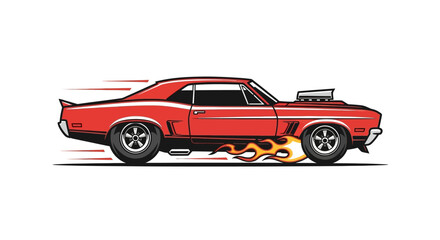 Vintage red muscle car with flames and speed lines, vector design
