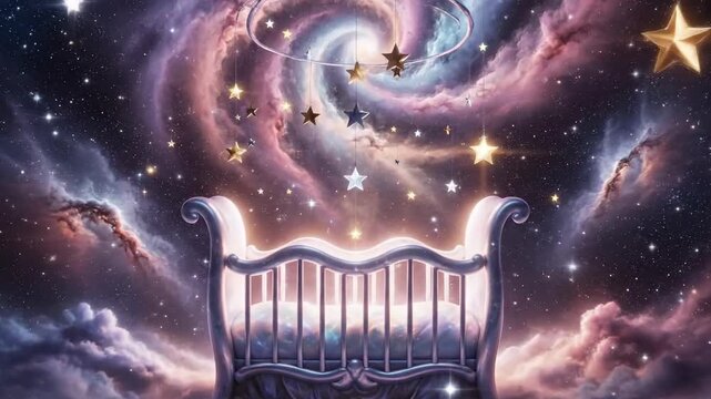 Cosmic cradle surreal scene of celestial bodies and dreamlike imagery