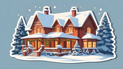 Fototapeta premium Snow-Covered Festive House at Night with Pine Trees