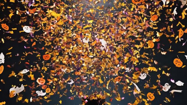 A confetti cannon explosion in slow motion. The confetti is shaped like tiny bats, ghosts, and pumpkins, fluttering through the air against a dark background