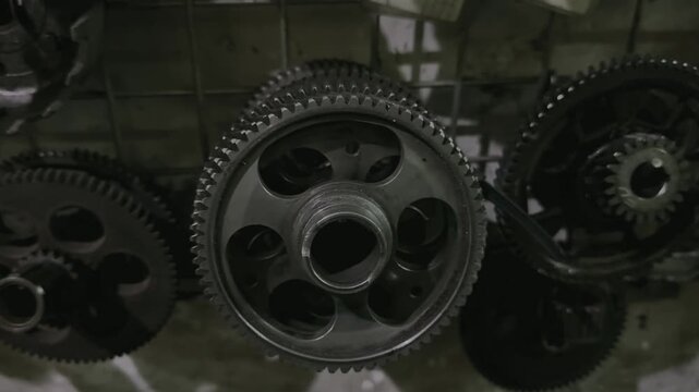Close-up of industrial metal gears displayed in a workshop. Motorcycle Engine Parts