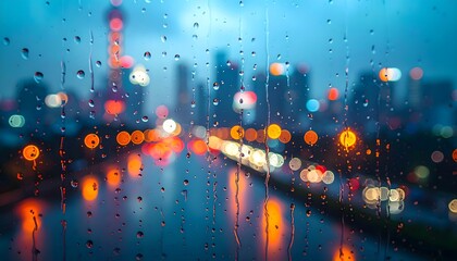 Rain-covered window with colorful city lights bokeh in the background, atmospheric night view with water droplets and vibrant urban glow.