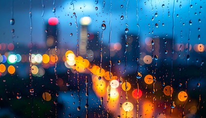 Rain-covered window with colorful city lights bokeh in the background, atmospheric night view with water droplets and vibrant urban glow.