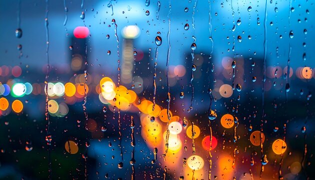 Rain-covered window with colorful city lights bokeh in the background, atmospheric night view with water droplets and vibrant urban glow.