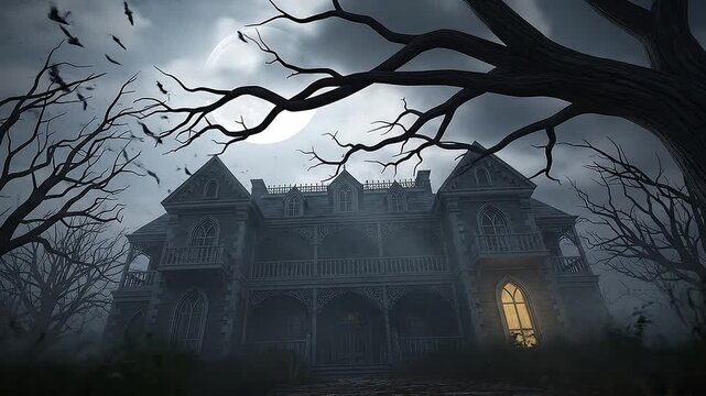 A low-angle wide shot of a haunted mansion-style house. A full moon is visible behind a dead tree branch, and silhouettes of bats occasionally fly across the moon's face