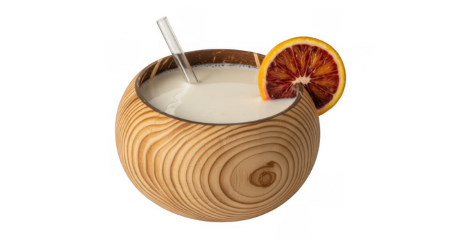 Wooden coconut shell cup filled with white liquid and garnished with blood orange slice and straw isolated on a transparent background