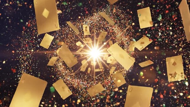 Golden playing card with sparkling confetti and bright light burst, diamond and spade suits flying in festive magical celebration full of energy, sparkle, and dynamic light burst magic