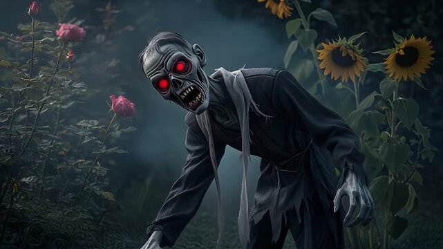 A motion-activated zombie decoration in a garden, twitching erratically. Its glowing red eyes flicker on and off