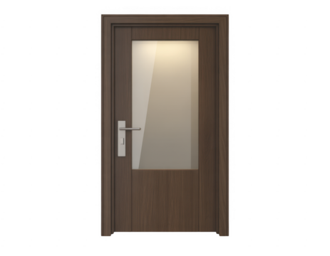 Wooden interior door with a rectangular glass pane and silver handle isolated on a transparent background