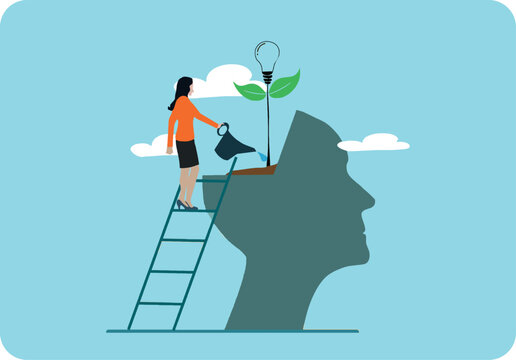 Brain maintenance and mental health improvement, fixing emotional problem, boosting creativity, motivation and thinking process, man climbing ladder to repair gear cogs in head