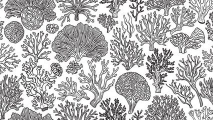 Black and white seamless pattern of various hand-drawn coral species in a detailed line art style, featuring brain, fan, and branching corals for a graphic underwater theme