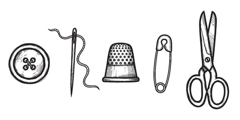Hand-drawn set of sewing tools and notions including a button, needle, thimble, safety pin, and scissors in a black and white vintage sketch illustration