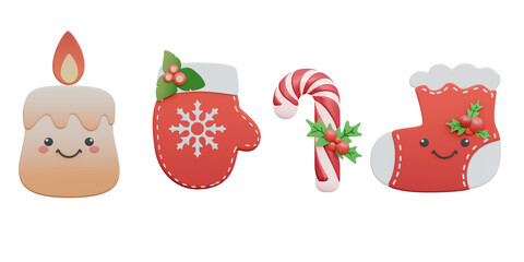 3d illustrations of set of christmas elements include cute candle,winter mittens,candy cane and stocking.3d render.