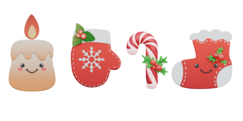 3d illustrations of set of christmas elements include cute candle,winter mittens,candy cane and stocking.3d render.