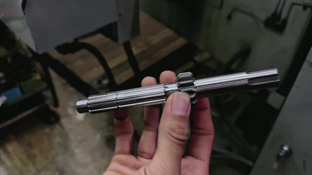 A person's hand carefully holds a metal shaft containing an integral gear. Motorcycle Engine Parts