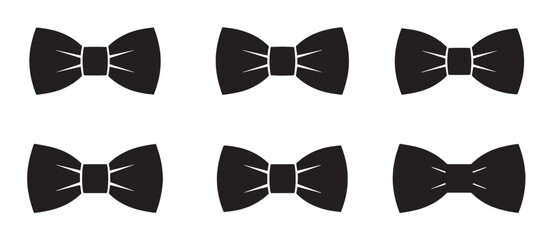 Set of six black bow tie icons with different shapes for formal wear and elegant design concepts, presented as a simple flat vector illustration collection