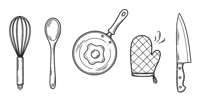 Hand-drawn black and white kitchen utensil set including a whisk, spoon, frying pan with egg, oven mitt, and knife in a simple doodle style illustration for cooking concepts