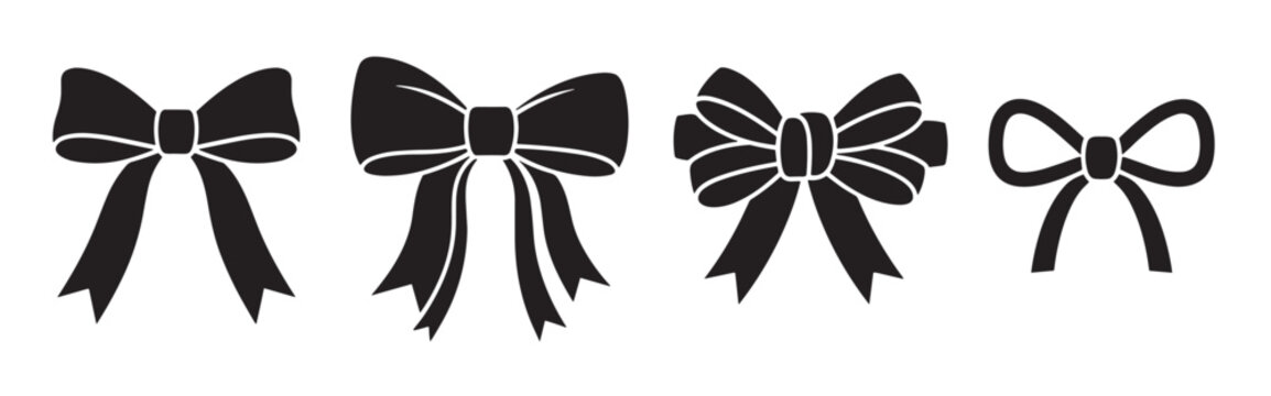 Set of four black ribbon bow silhouettes with various elegant shapes and tied knots, presented as a collection of graphic icons for festive gift wrapping and celebratory design