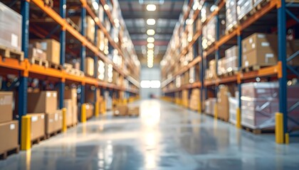 Blurred warehouse interior with shelves and storage boxes, soft focus background for logistics, industry, and supply chain themes.
