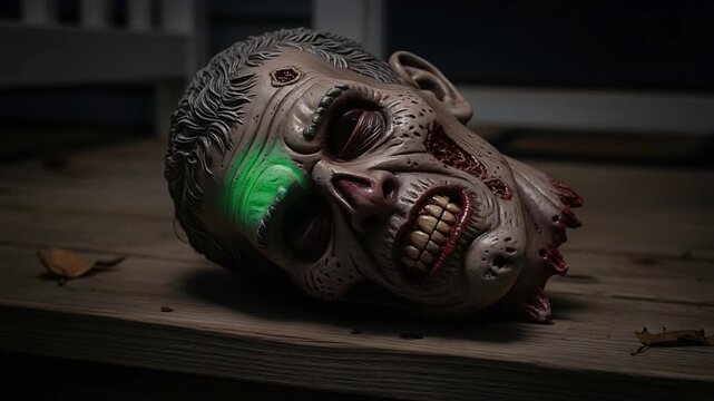 A severed zombie head prop on a porch step. Its eyes suddenly snap open, glowing with a faint green light, then slowly close again