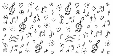 Hand drawn music notes and symbols on white background