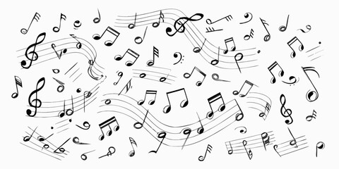 Hand drawn music notes and staff lines on white background