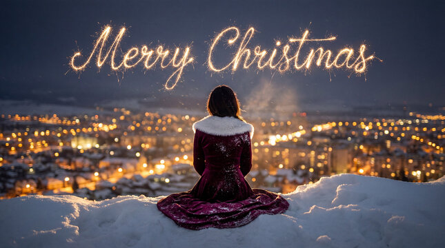 Woman in elegant gown on snowy hill with "Merry Christmas" sparkler script