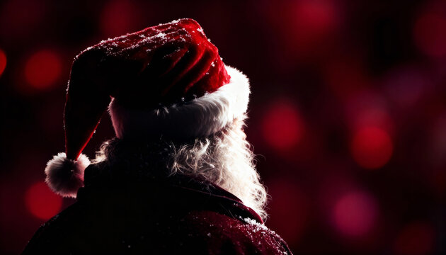 Santa Claus Silhouette Against Luminous Red Bokeh Lights - Powered by Adobe