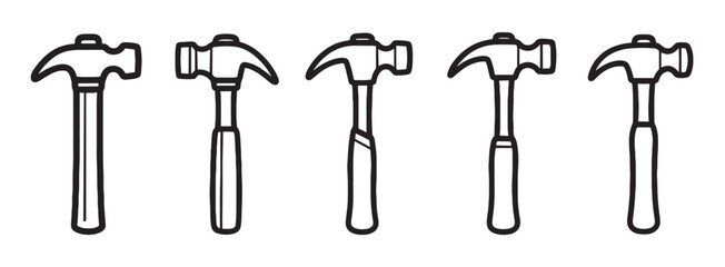 Five black and white claw hammer icons arranged in a horizontal row, showcasing a simple line art style for construction, repair, and do-it-yourself projects