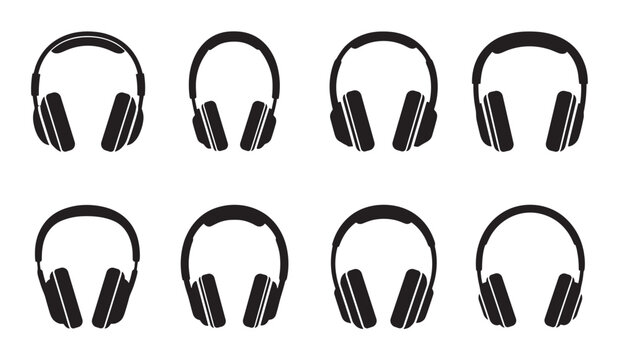 Set of eight black headphone icons in a minimalist vector style, showcasing different over-ear headset designs for music, audio, and sound concepts in a graphic collection