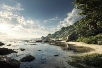 Relaxing beach landscape at sunset highlighting rocky formations and lush greenery along the shoreline with gentle waves lapping at the sand