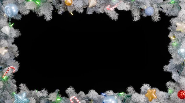 Christmas frame or new year frame with white fir or pine leaves and light bulbs blinking, christmas balls, stars. Alpha map for compositing. 4K loop animation