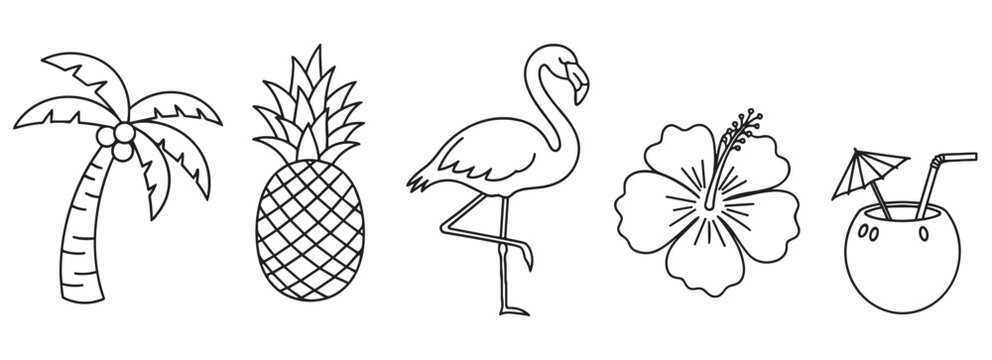 Set of black and white tropical summer icons including a palm tree, pineapple, flamingo, hibiscus flower, and coconut cocktail in a simple hand-drawn line art doodle style