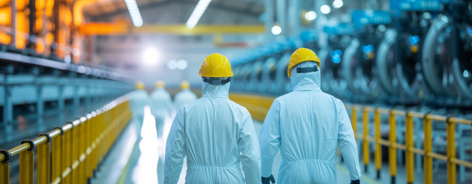 Workers in protective suits and hard hats walk through a modern well-lit factory.