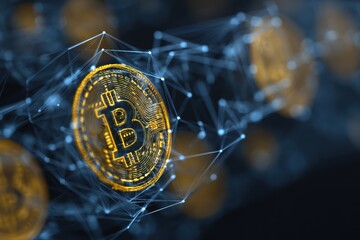 Intricate blockchain representation featuring Bitcoin with connecting dots and lines illustrating network technology and digital currency dynamics