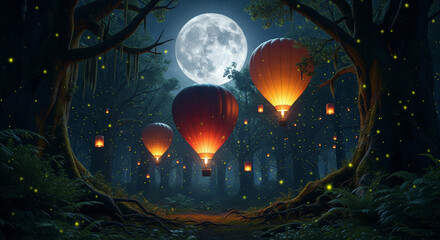 Magical Hot Air Balloons and Lanterns Floating Through an Enchanted Moonlit Forest