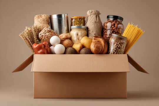 Cardboard box overflowing with a variety of food items and ingredients ready for meal preparation
