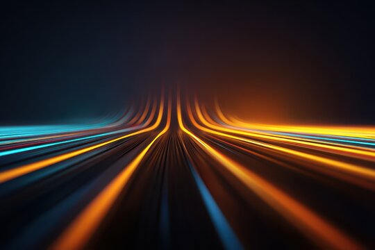 Futuristic abstract neon background featuring dynamic light trails in vibrant blue and orange hues creating a mesmerizing visual effect - Powered by Adobe