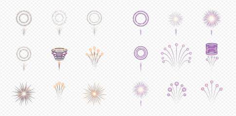 A diverse collection of stylized firework icons and pyrotechnic effects in various shapes and colors for festive designs.