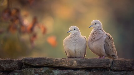 Fototapeta premium Two Charming Birds Sitting on a Stone Wall Surrounded by Colorful Fall Foliage in a Serene Natural Setting, Perfect for Nature Photography