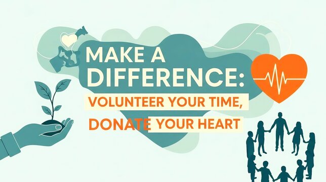 inspirational charity and volunteering banner with text make a difference, volunteer your time donate your heart, heart icon and people holding hands, compassion and community support concept.