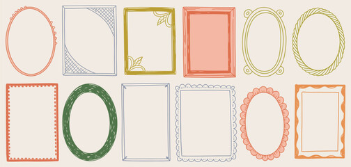 Wavy wedding frame vector, hand drawn oval vintage border set, coquettish celebration design, elegant classic line decoration background, simple postcard decor, whimsical invitation frame collection.