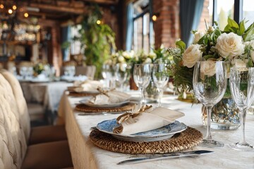 Elegant dining setup with decorated tables and floral arrangements in a cozy restaurant for guests enjoying a delightful meal